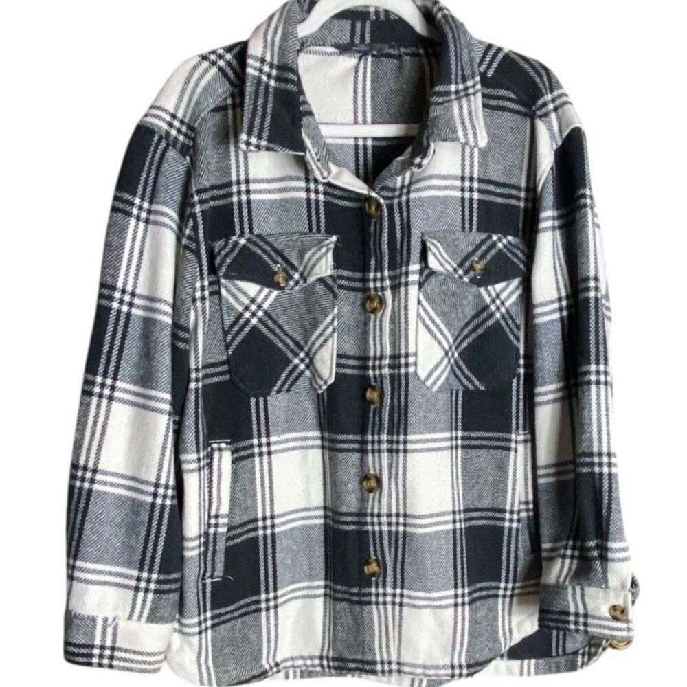 Member’s Mark Plaid Shacket Jacket Black White Button Front Pockets Women XL
